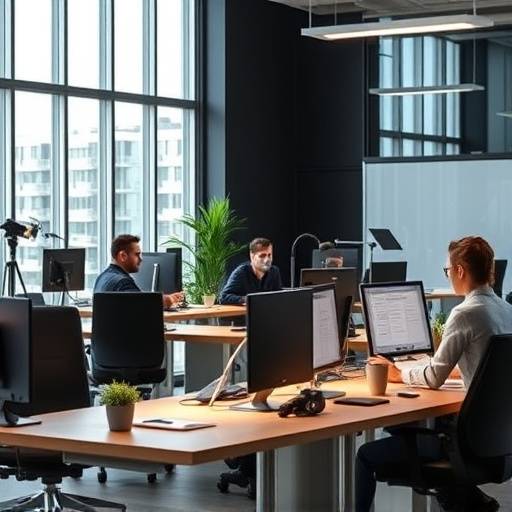 Ein Team von Agenten der Schauspielkunst Akademie Schweiz arbeitet an ihren Schreibtischen in einem modernen Büro.