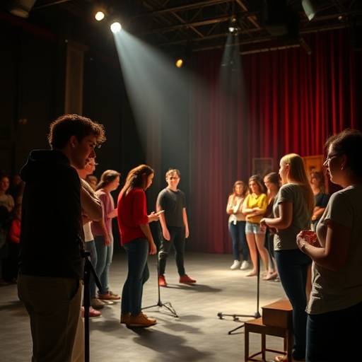 Eine Gruppe von Schauspielschülern auf der Bühne während einer Probe.