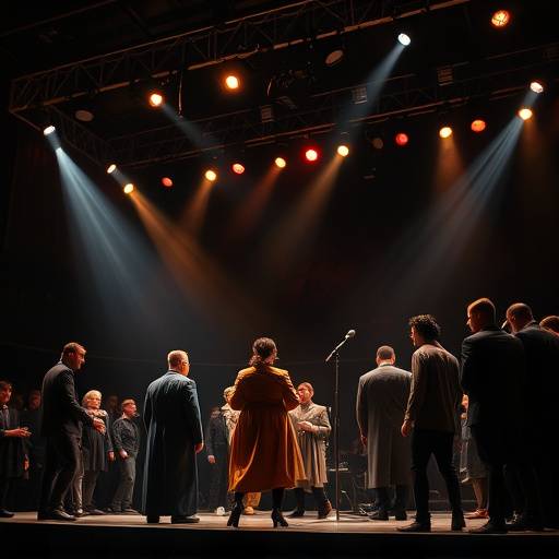 Eine Szene aus einer Theateraufführung mit mehreren Schauspielern auf der Bühne, die eine dramatische Szene spielen.